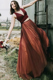 Elegant Two Pieces Burgundy V-Neck Tulle Open Back Prom Dresses P1057