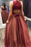 Elegant Two Pieces Burgundy V-Neck Tulle Open Back Prom Dresses P1057