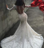 Sexy White Yarn Button Back Long Sleeve Lace Mermaid Charming Chapel Trailing Wedding Dress PH171