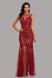 See Through Burgundy Mermaid Bateau Prom Dresses with Beading Tulle Party Dresses XU90816