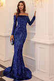 Modest Sweep Train Mermaid Off-the-shoulder Sequins Long Sleeve Prom Evening Dresses