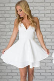 White Satin Spaghetti Straps Short Mini White V neck Homecoming Dresses PM103