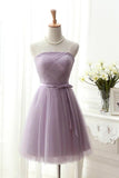 Elegant A-Line Strapless Purple Tulle Short Homecoming Dress with Bowknot PM96