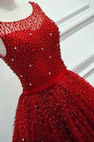 Luxurious A Line Round Neck Red Long Prom Dresses with Pearl