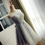 Elegant A-Line Strapless Purple Tulle Short Homecoming Dress with Bowknot PM96