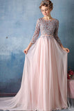 Scoop A-line Pink Chiffon with Silver Lace Appliqued Long 3/4 Sleeves Prom Dresses uk PM311