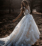 A Line Ivory V-Neck Cap Sleeve Appliques Wedding Dress W1237