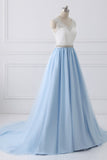 A-Line V-Neck Lace Top Sky Blue Skirt Cheap Sweetheart Tulle Satin Wedding Dresses with Sash PH156