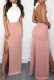 Elegant Mermaid White and Pink Halter Backless Satin with Slit Sleeveless Prom Dresses PH630