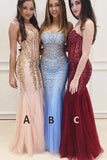 Mermaid Sexy Long Cheap Sweetheart Strapless Beads Tulle See Through Prom Dresses uk PH173