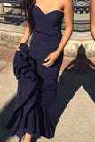 Sweetheart Navy Blue Mermaid Prom Dress with Sash Sweep Train PM596