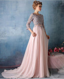 Scoop A-line Pink Chiffon with Silver Lace Appliqued Long 3/4 Sleeves Prom Dresses uk PM311