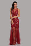 See Through Burgundy Mermaid Bateau Prom Dresses with Beading XU90816