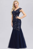 Elegant V-Neck Beaded Bodycon Mermaid Prom Dress Straps Evening Gowns P1179