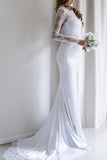 Elegant Lace Long Sleeves Mermaid Backless White Long Wedding Dress with Train PM164