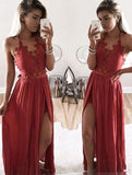 A Line Halter Lace Appliques V-Neck Prom Dress with Slit Evening Dress P1512