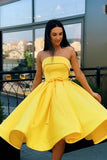 Simple Strapless Yellow Satin Short Ball Gown Cocktail Homecoming Dress H1272