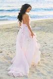 Boho Halter Backless Light Pink Beach Wedding Dresses with Appliques Ruffles W1190