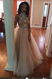 Sexy Two Piece Silver Beaded Bodice High Neck Tulle Prom Dress