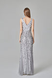 Sexy V-Neck Silver Mermaid Embroidered Sequins Long Evening Dresses XU90804