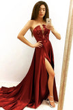 Elegant A line Strapless V-Neck Burgundy Beads Prom Dress with Slit P1477