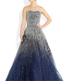 Best Navy Blue Strapless Floor Length Tulle Beading Prom Dress