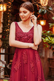 Elegant V-Neck Burgundy Beads Appliques Lace Evening Dresses Long Prom Dresses P1197