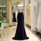 Gorgeous Mermaid Short Sleeve Beading Velvet Sweep Train Prom Dress Party Dress WH60726