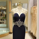 Vintage Mermaid Sleeveless Halter Beading Satin Sweep Train Prom Dress WH60724