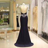 Vintage Mermaid Sleeveless Halter Beading Satin Sweep Train Prom Dress WH60724