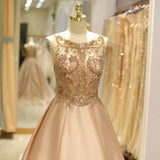 Stunning A Line Sleeveless Beading See-Through Satin Court Train Prom Dress Sequins Party Dress WH53718