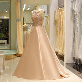 Stunning A Line Sleeveless Beading See-Through Satin Court Train Prom Dress Sequins Party Dress WH53718