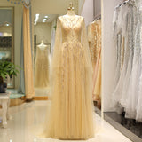 Stunning A Line Sleeveless Beading Tulle Sweep Train Prom Dress Party Dress With Dress Shawl WH82717