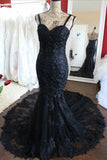 Charming Black Lace Spaghetti Strap Sweetheart Backless Mermaid Sweep Train Evening Dresses uk PH249