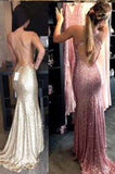 Mermaid Backless Sequin Gold Long Criss Cross Sleeveless Prom Dress