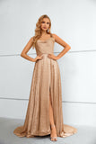 A Line Straps Long Prom Dresses with Split Party Dresses