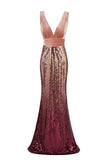 Sexy Sequins Mermaid V-Neck Burgundy Velvet Long Prom Dresses Backless Evening Dresses XU90802