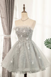 Shiny Sliver Strapless Lace Up Tulle Short Homecoming Dresses