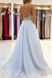 Spaghetti Straps V-Neck Tulle Long Prom Dresses With Beads PD0678