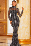 High Neck Long Sleeve Sparkly Evening Gown Islamic Sequins Prom Dress