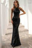 Halter Mermaid Sequins with Tassel Floor Length Prom Dress