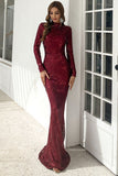 High Neck Sequin Prom Dress Long Sleeve Trumpet Prom Dresses