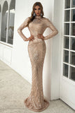 High Neck Sequin Prom Dress Long Sleeve Trumpet Prom Dresses