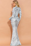 High Neck Sequin Prom Dress Long Sleeve Trumpet Prom Dresses