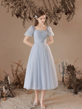 Gray Tulle Pearl Short Sleeve Tea-length Prom Dresses Bridesmaid Dresses N379