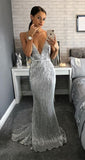 Mermaid V-Neck Sequins Silver Spaghetti Straps Prom Dresses PH503