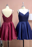 Elegant Straps A Line Lace Satin Red Short Homecoming Dress