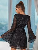 Black Sequins Long Sleeves Short Homecoming Dresses