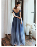 Charming A Line Blue Ombre Tulle Prom Dress with Open Back Evening Dress P1448