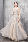 Elegant Off Shoulder Floor Length Tulle Prom Dress Lace up Bridesmaid Dress P1232